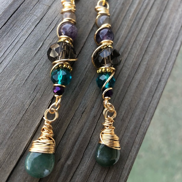 Handmade Celtic Moonstone Amethyst Gemstone Beaded Dangle Earrings - Picture 7 of 12